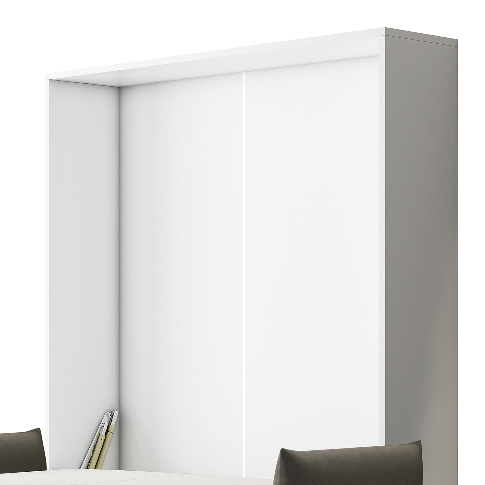 Luxo Byron Sofa Foldout Queen Wall Bed White & Grey, featuring a sleek, white cabinet with visible interior, positioned beside a white tabletop with dark-gray chairs and rolled blueprints tucked inside.