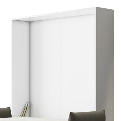 Luxo Byron Sofa Foldout Queen Wall Bed White & Grey, featuring a sleek, white cabinet with visible interior, positioned beside a white tabletop with dark-gray chairs and rolled blueprints tucked inside.