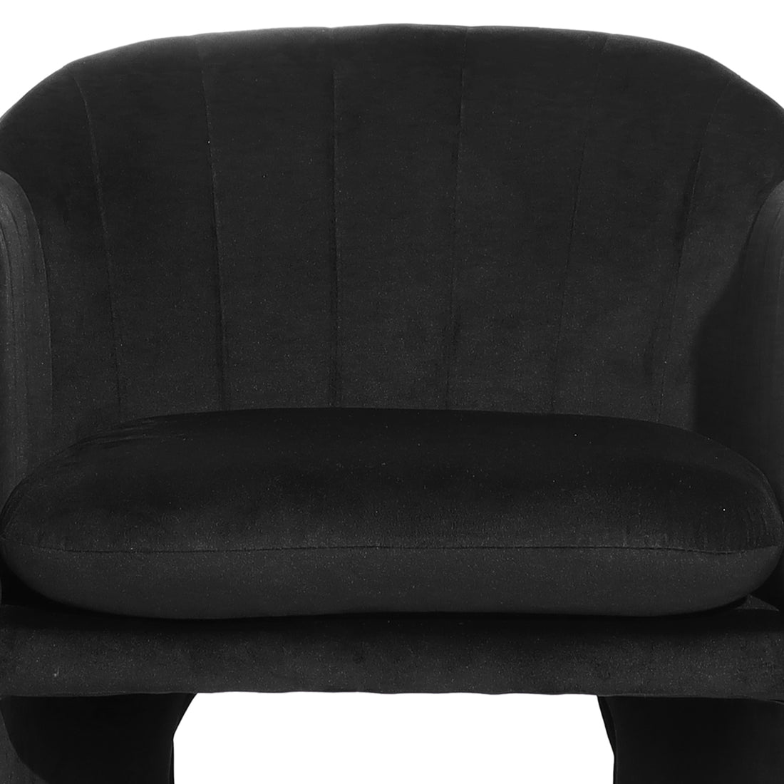 Liora Velvet Curved Accent Armchair in Black, featuring a plush barrel-style design with a padded backrest and loose seat cushion, showcases its luxurious velvet texture and sculptural lines against a white background.