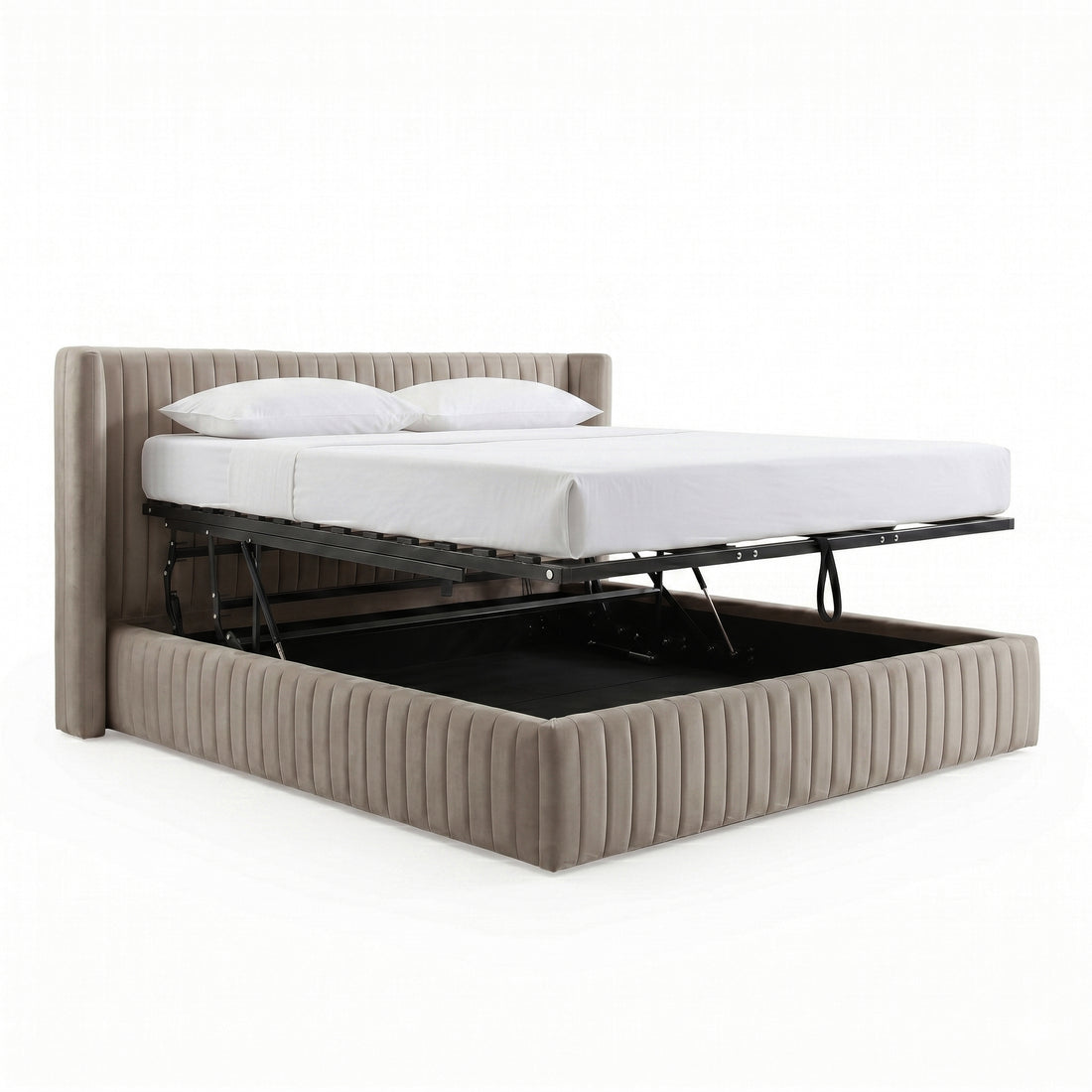 Complete taupe upholstered storage bed with lifted mattress platform