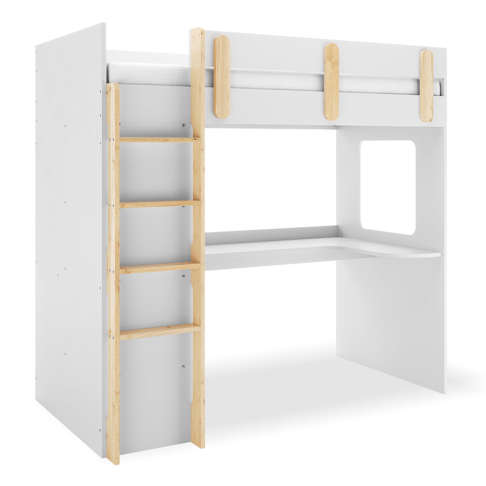 Hann Kids Single Loft Bed Desk Storage in White and Natural, featuring a loft-style frame with a wooden ladder, built-in desk, open shelves, and a cut-out window for a compact, functional setup.