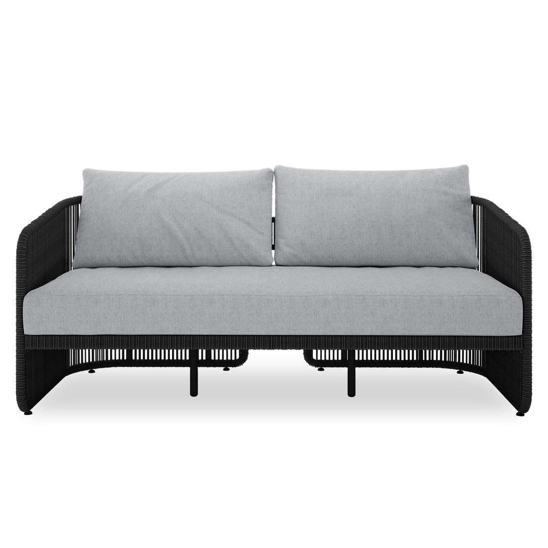 Solari 4 Seater Wicker Outdoor Sofa Set in Black featuring a sleek black rope-wrapped metal frame with light-grey cushions, ideal for stylish indoor or outdoor seating.