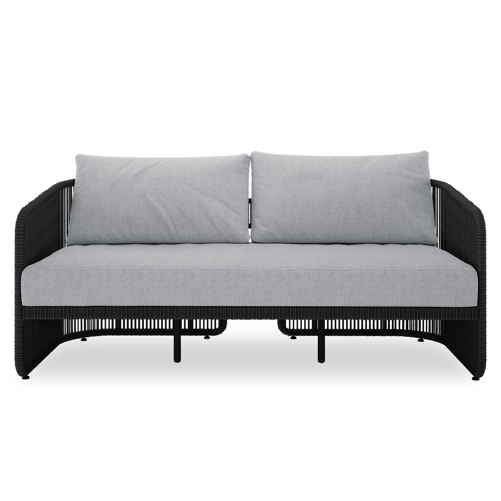 Solari 4 Seater Wicker Outdoor Sofa Set in Black featuring a sleek black rope-wrapped metal frame with light-grey cushions, ideal for stylish indoor or outdoor seating.