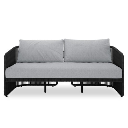 Solari 4 Seater Wicker Outdoor Sofa Set in Black featuring a sleek black rope-wrapped metal frame with light-grey cushions, ideal for stylish indoor or outdoor seating.