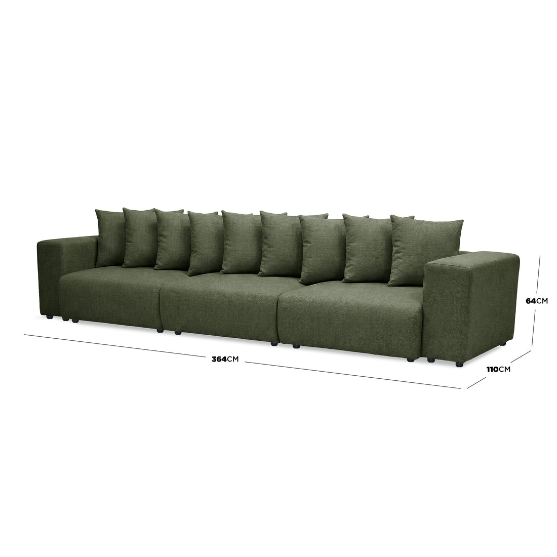 Green sectional sofa with dimensions marked on white background