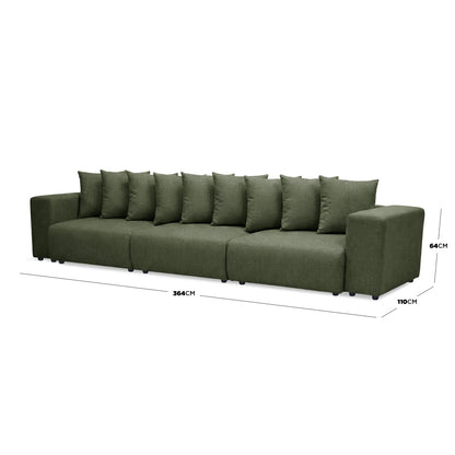Green sectional sofa with dimensions marked on white background