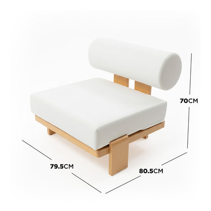 Modica 5 Seater Aluminium Outdoor Sofa Set in White features a low-profile design with light wood frame, cylindrical bolster back cushion, and square seat cushion on recessed platform.