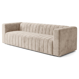 Beige upholstered sofa on a white background