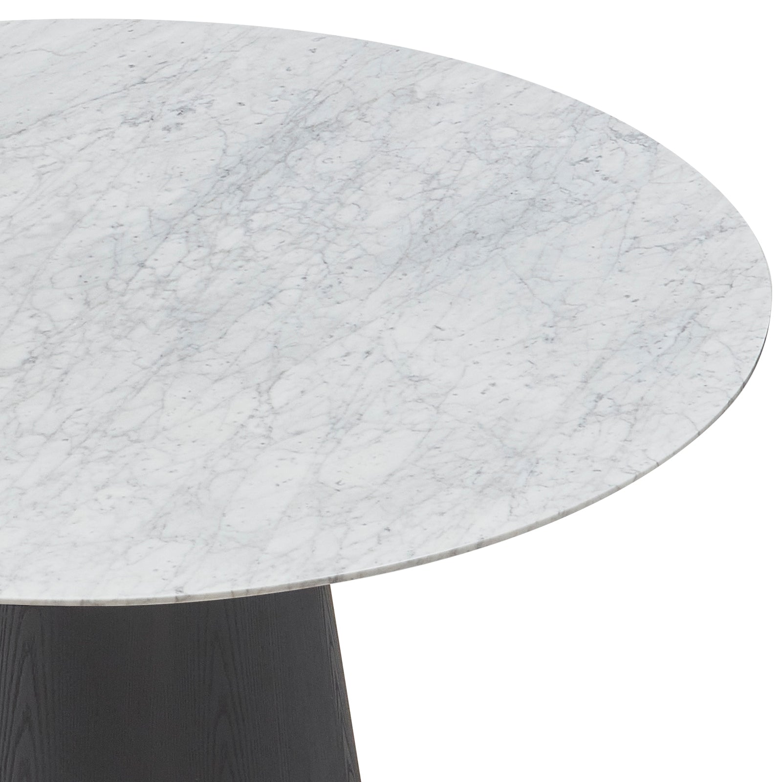 Dina 120cm Round Marble Dining Table in Carrara Black, showcasing its elegant white marble top with light gray veins and the top edge of a dark, conical wooden pedestal base.
