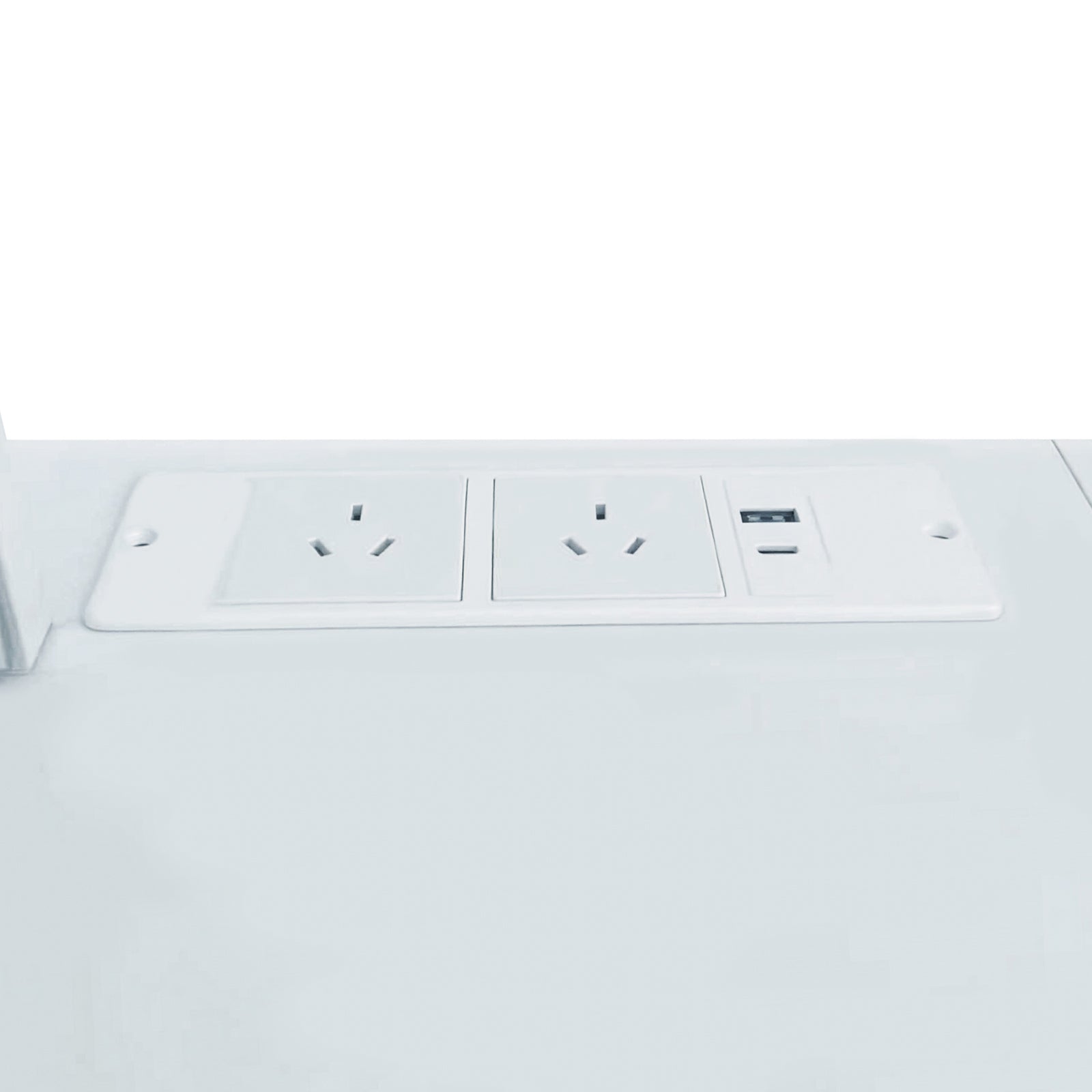 Close-up of power outlet and USB port panel on white surface