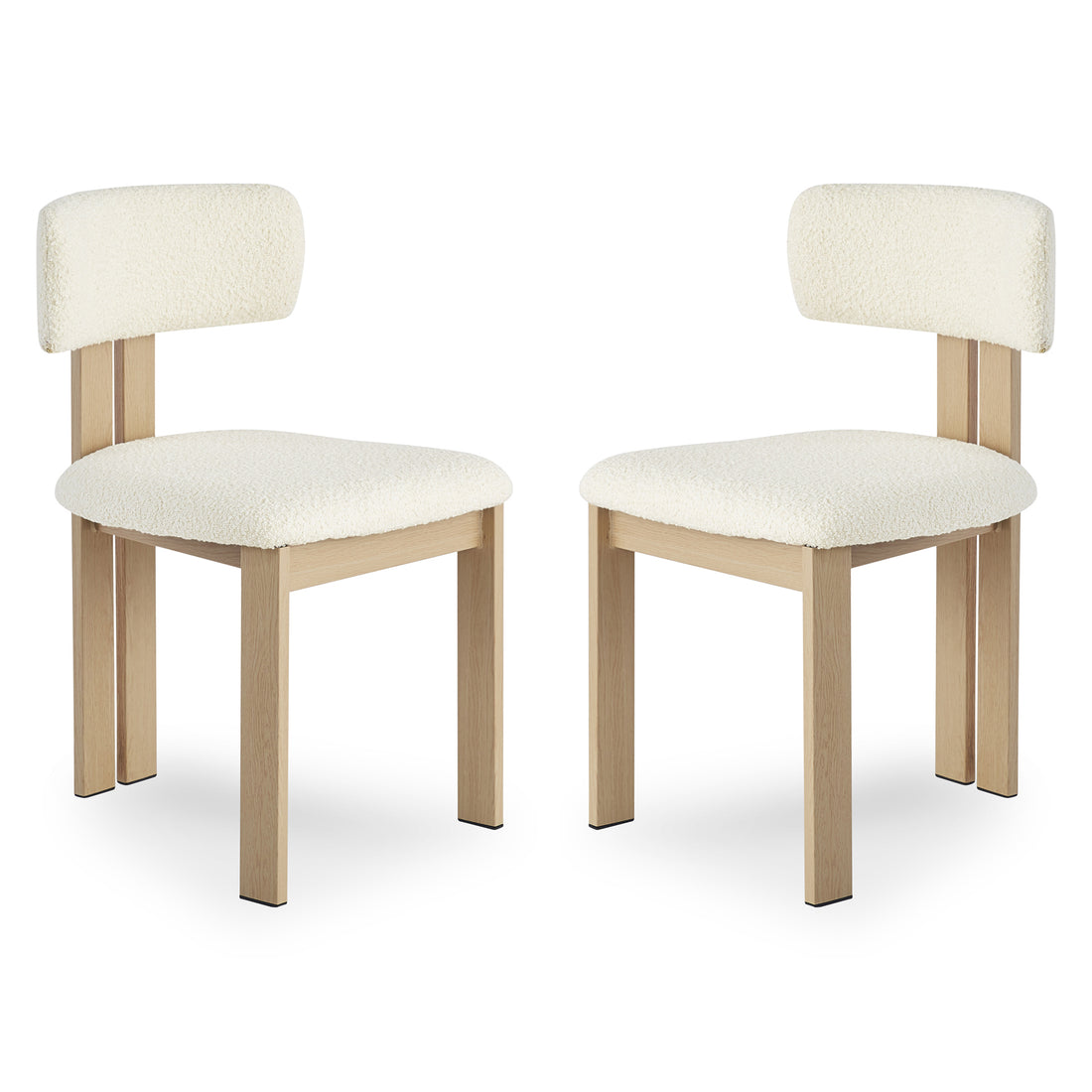 Haleo Curved Boucle Dining Chair Set of 2 in Cream White features light-wood frames, armless design, softly rounded upholstered seats, and low backrests, offering modern elegance and plush comfort.
