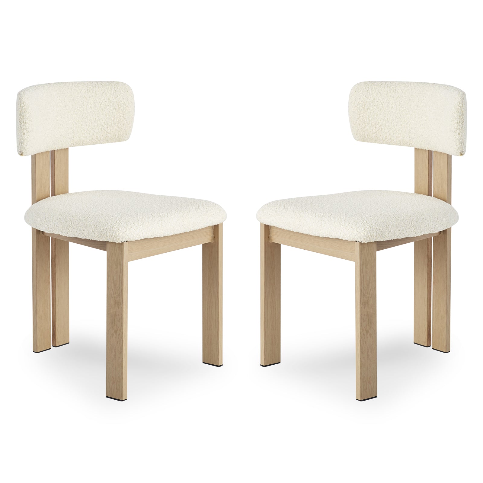 Haleo Curved Boucle Dining Chair Set of 2 in Cream White features light-wood frames, armless design, softly rounded upholstered seats, and low backrests, offering modern elegance and plush comfort.