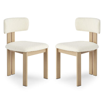 Haleo Curved Boucle Dining Chair Set of 2 in Cream White features light-wood frames, armless design, softly rounded upholstered seats, and low backrests, offering modern elegance and plush comfort.