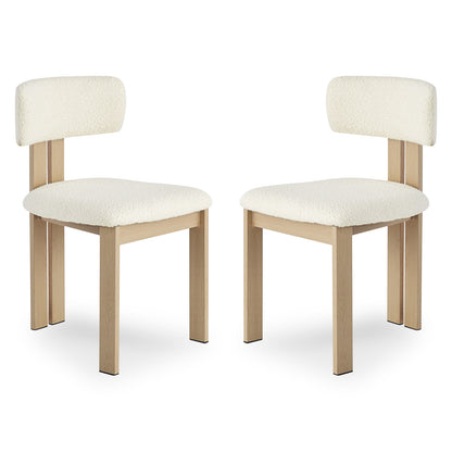 Haleo Curved Boucle Dining Chair Set of 2 in Cream White features light-wood frames, armless design, softly rounded upholstered seats, and low backrests, offering modern elegance and plush comfort.