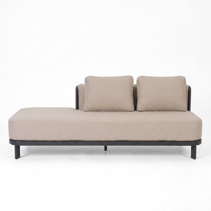 Beige chaise lounge sofa on white background.