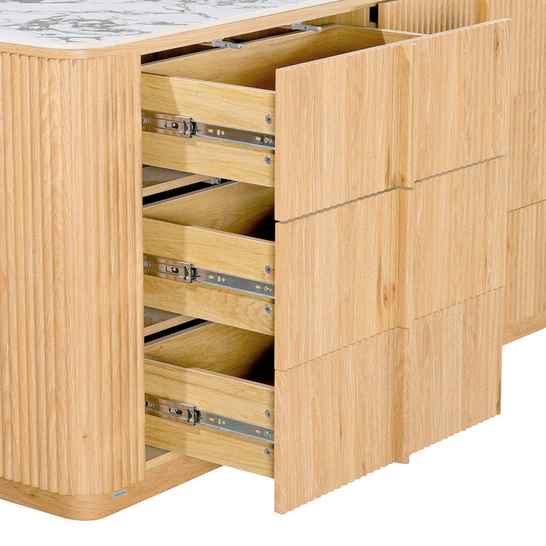 Partial view of a modern wooden cabinet with open drawers on a white background