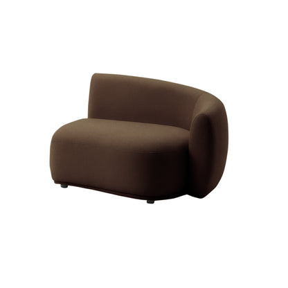 Armless brown accent chair on white background, angled view