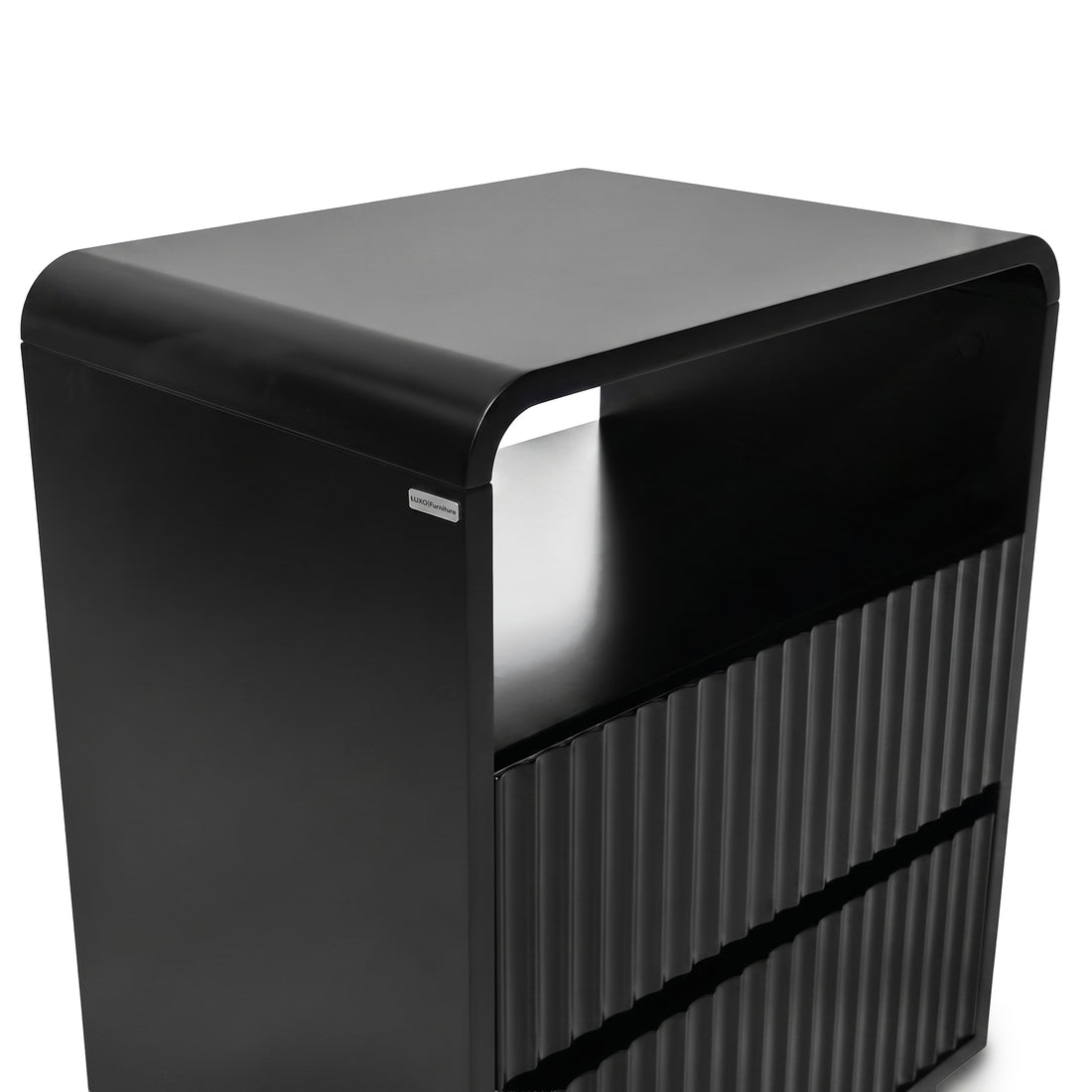 Modern black storage unit with rounded top and grooved lower section on white background