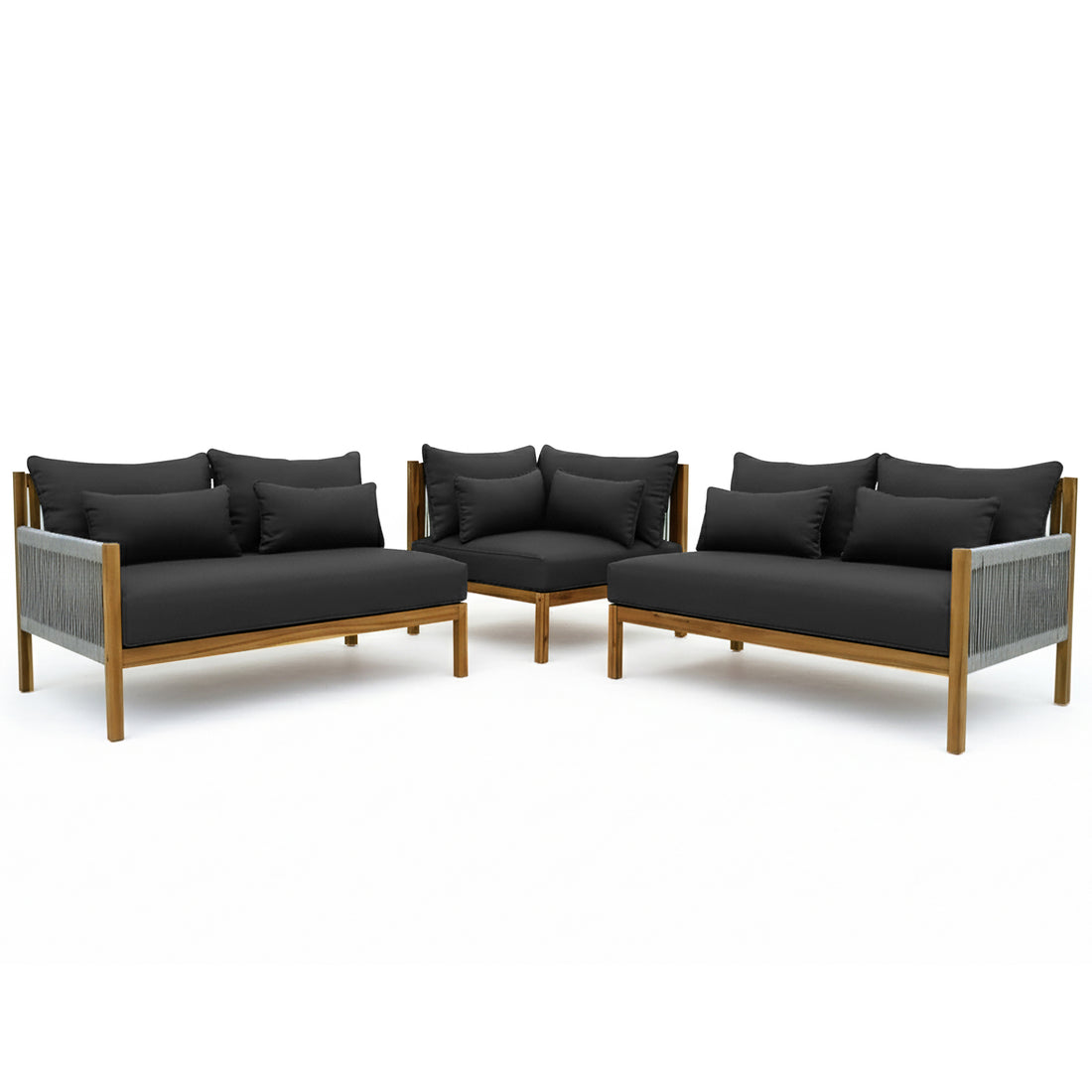 Tavi 5 Seater Solid Timber L Shape Outdoor Sofa features two armless loveseats and a corner chair, with low wooden frames, black cushions, and woven rope detailing, forming a stylish modular seating arrangement.