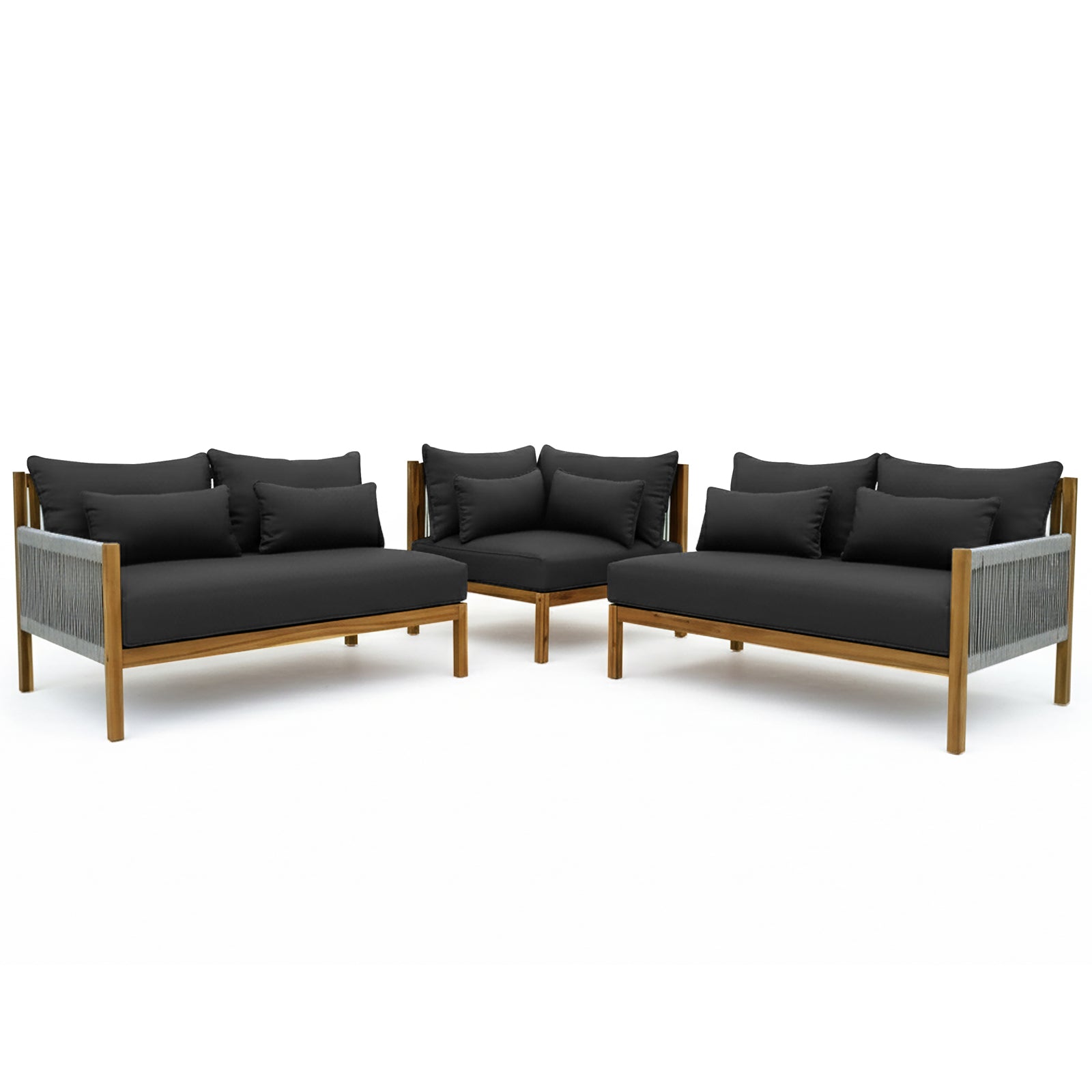 Tavi 5 Seater Solid Timber L Shape Outdoor Sofa features two armless loveseats and a corner chair, with low wooden frames, black cushions, and woven rope detailing, forming a stylish modular seating arrangement.