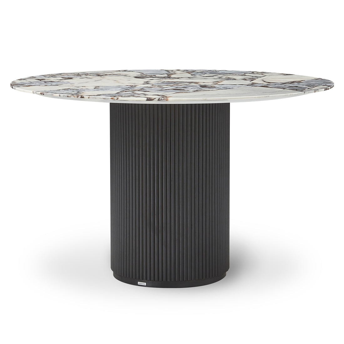 Gracie 120cm Round Marble Dining Table in Black features a white marble tabletop with distinctive veining, supported by a vertically-fluted black cylindrical base, creating a luxurious and sturdy centerpiece.