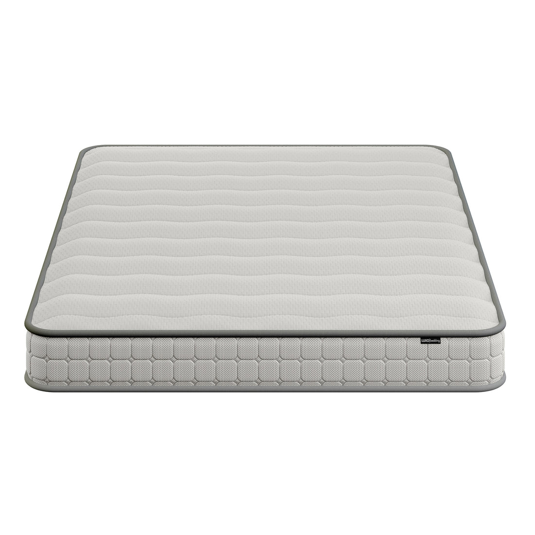 Logan Queen Murphy Bed & Cybele Mattress features a light gray quilted mattress with wavy patterns on a plain backdrop, highlighting its compact, space-saving design ideal for modern homes.