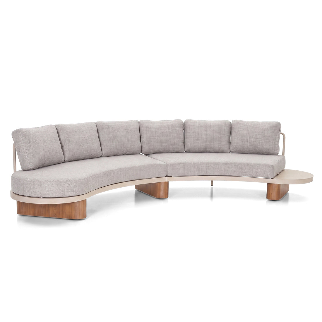 Curved sectional sofa with integrated side table on a white background.