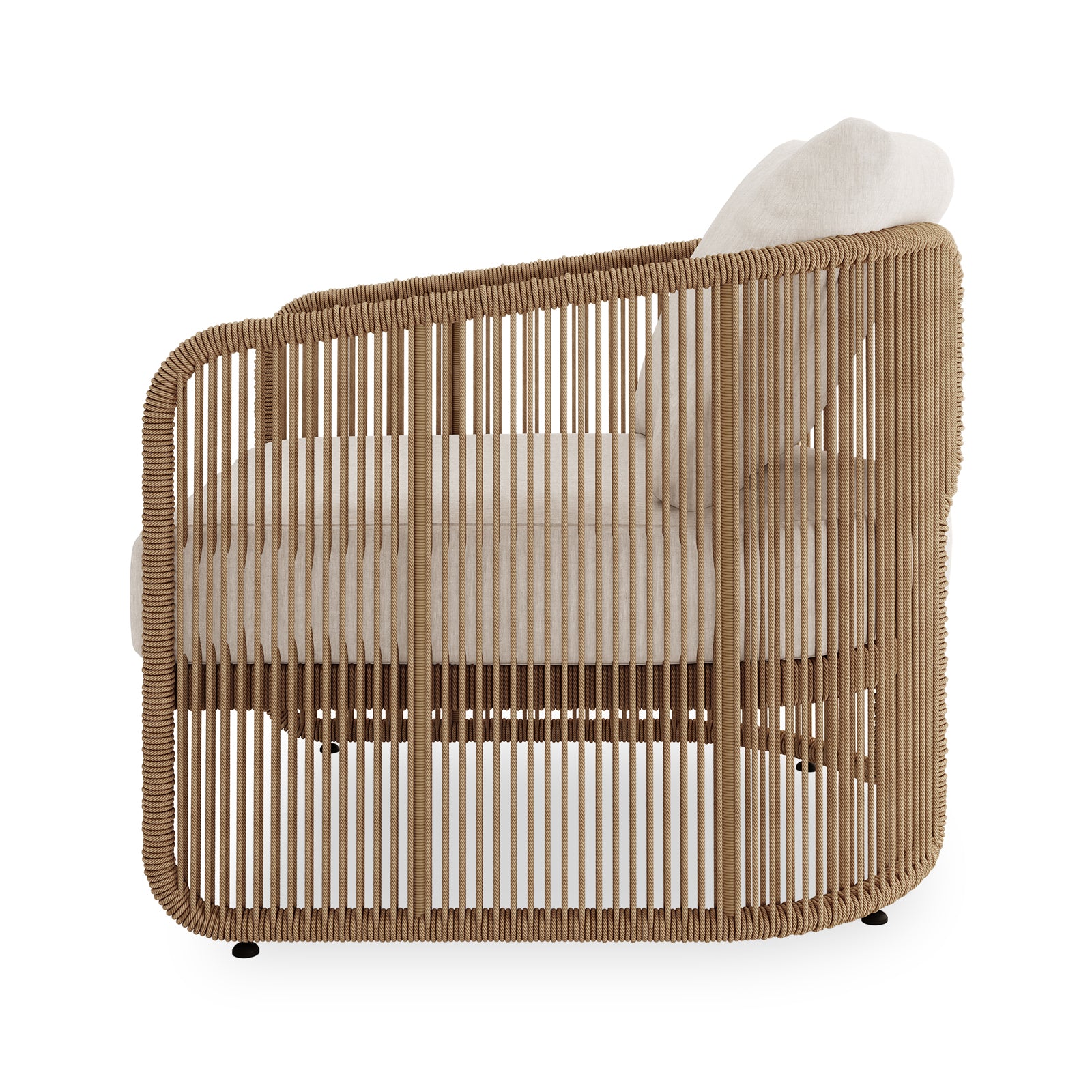 Solari 4 Seater Wicker Outdoor Sofa Set in Natural features a rope-wrapped tan frame with light-cream cushions, highlighting a modern lounge armchair design against a plain white background.