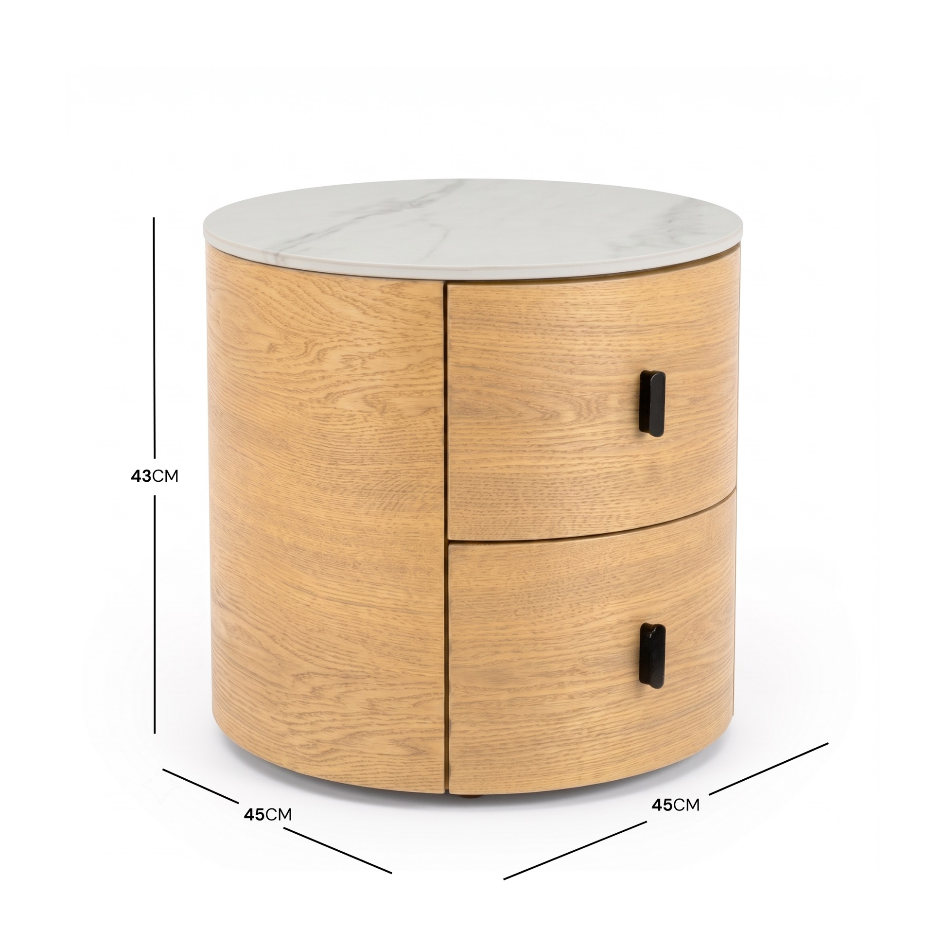 Round wooden side table with dimensions labeled 43 cm high and 45 cm diameter