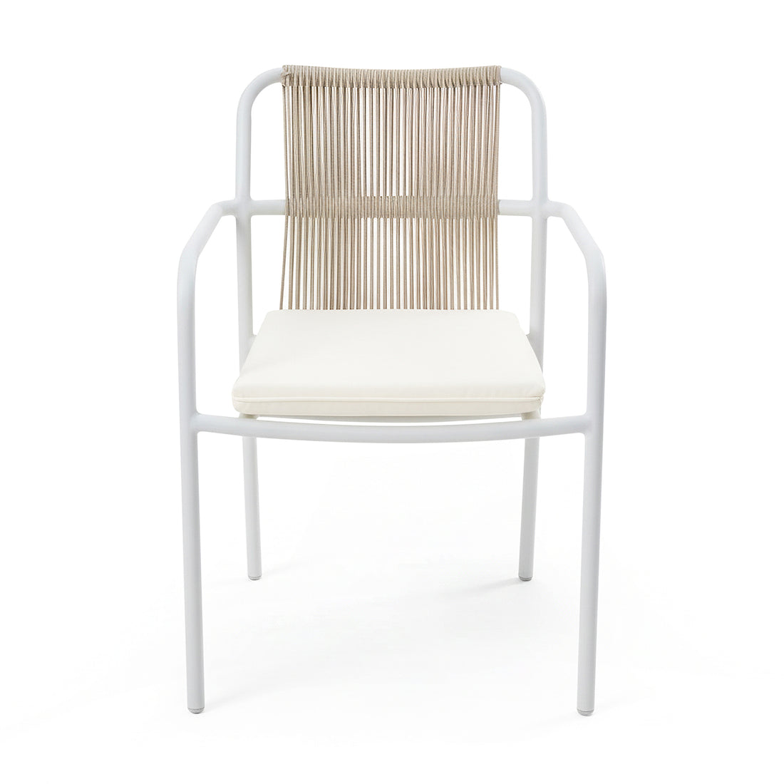 Evone 4 Seater Stone Outdoor Dining Table Set features a minimalist chair with a white metal frame, natural-tone woven backrest, and cream cushion, perfect for stylish alfresco dining.