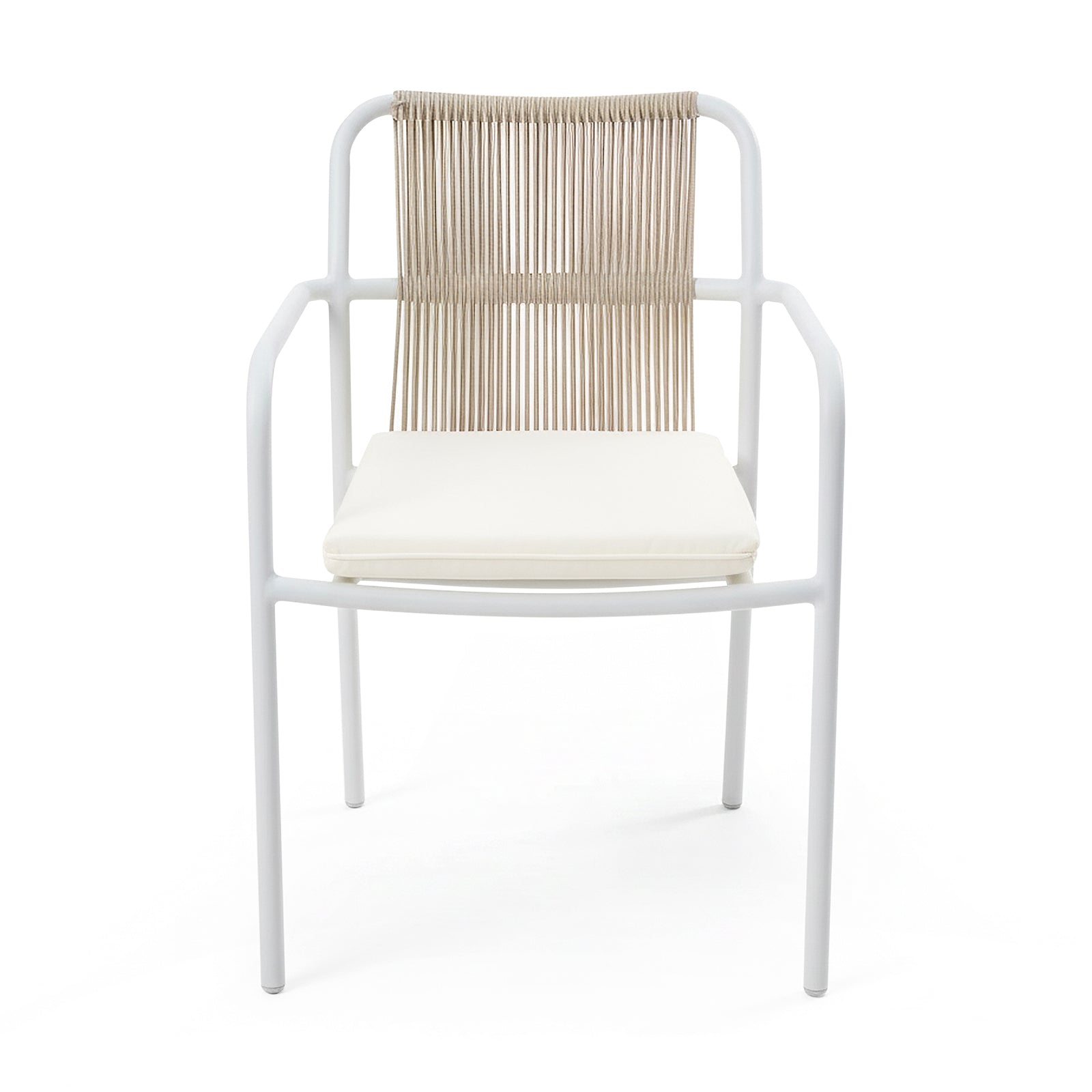 Evone 4 Seater Stone Outdoor Dining Table Set features a minimalist chair with a white metal frame, natural-tone woven backrest, and cream cushion, perfect for stylish alfresco dining.