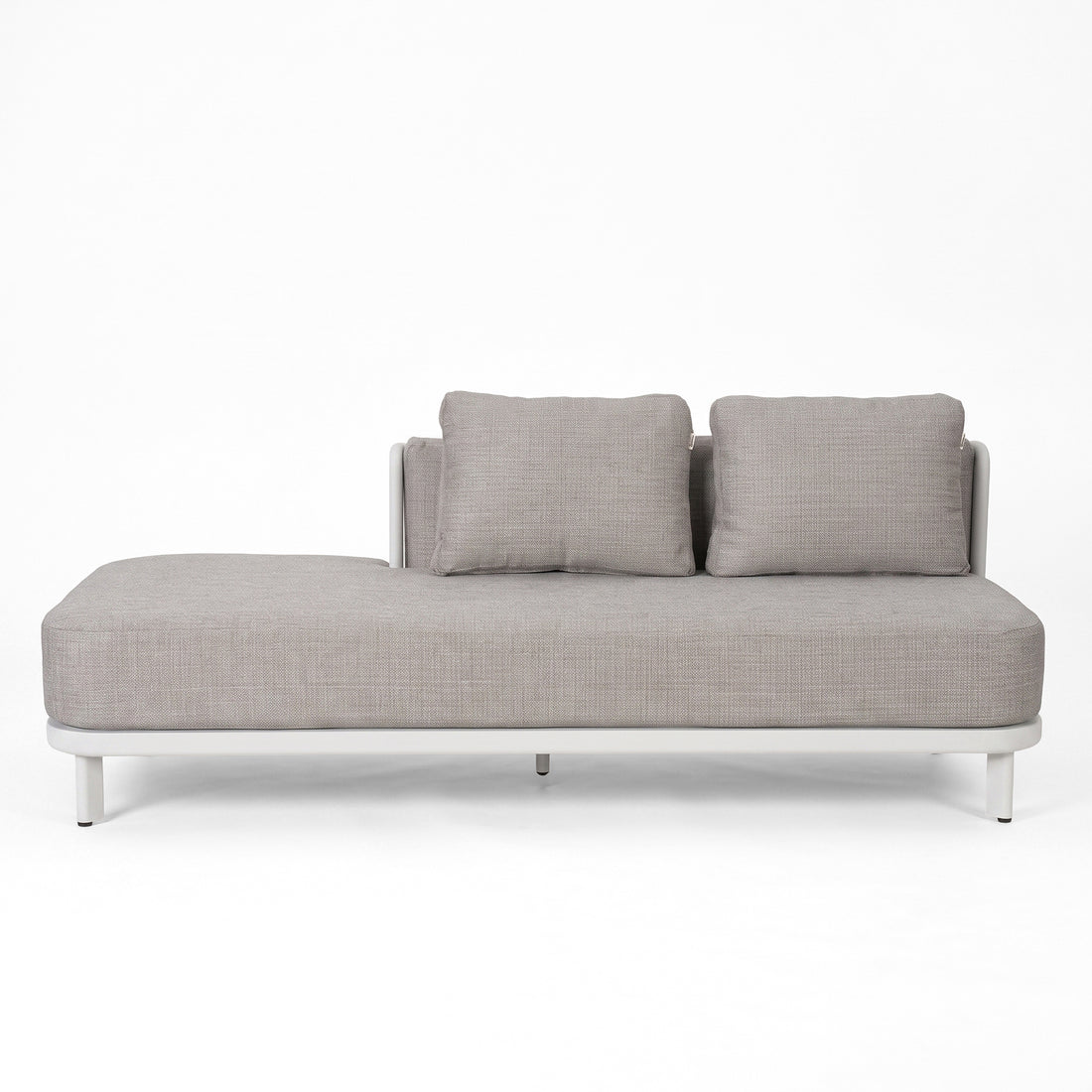 Modern chaise lounge with three square back cushions on a white background.