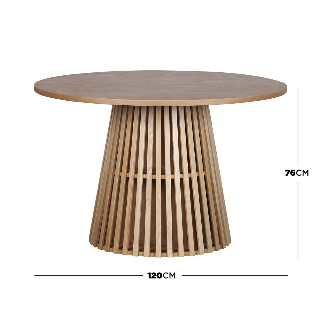 Riri 120cm Round Fluted Wood Dining Table in Oak features a smooth circular top and a slatted conical base, combining sculptural design with functionality for a stylish dining experience.