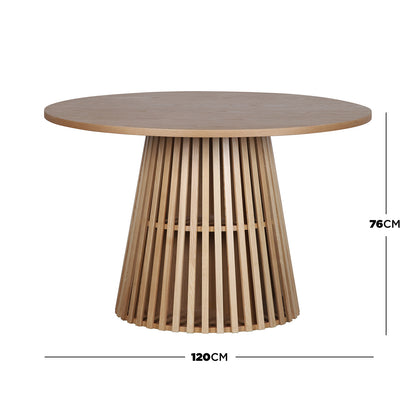 Riri 120cm Round Fluted Wood Dining Table in Oak features a smooth circular top and a slatted conical base, combining sculptural design with functionality for a stylish dining experience.