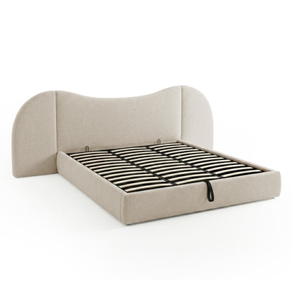 Upholstered platform bed frame on white background