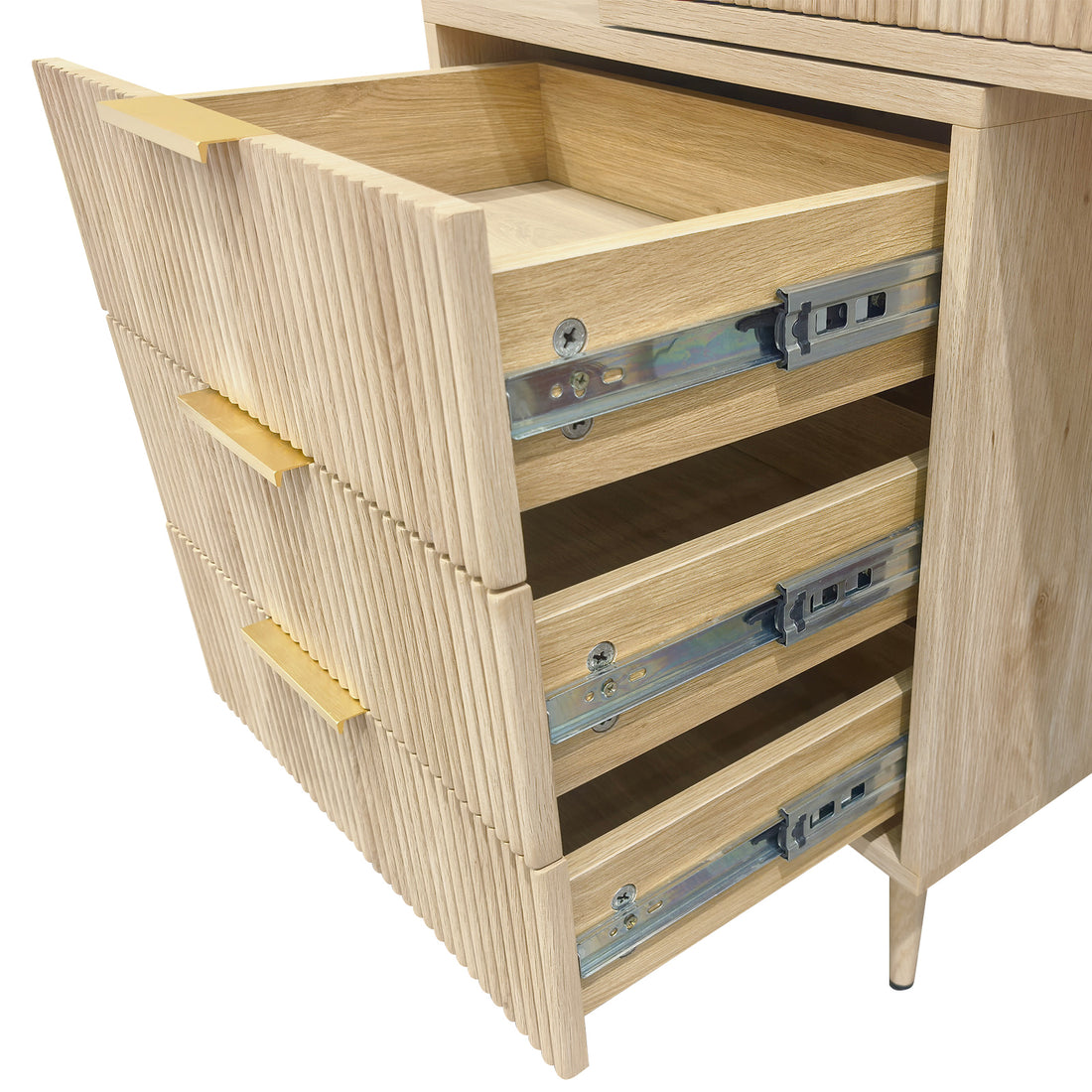 Serenity Dressing Table with Touch Screen Mirror in Natural features fluted oak-look drawers with brass handles, showing its metal ball-bearing slides, emphasizing the modern, sleek storage solution.