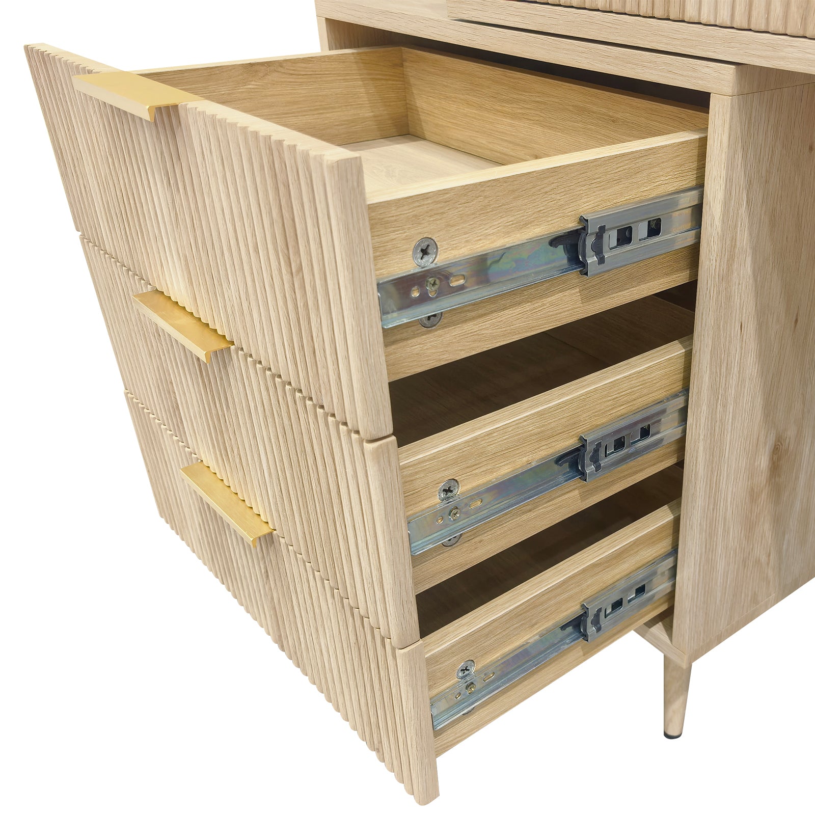 Serenity Dressing Table with Touch Screen Mirror in Natural features fluted oak-look drawers with brass handles, showing its metal ball-bearing slides, emphasizing the modern, sleek storage solution.