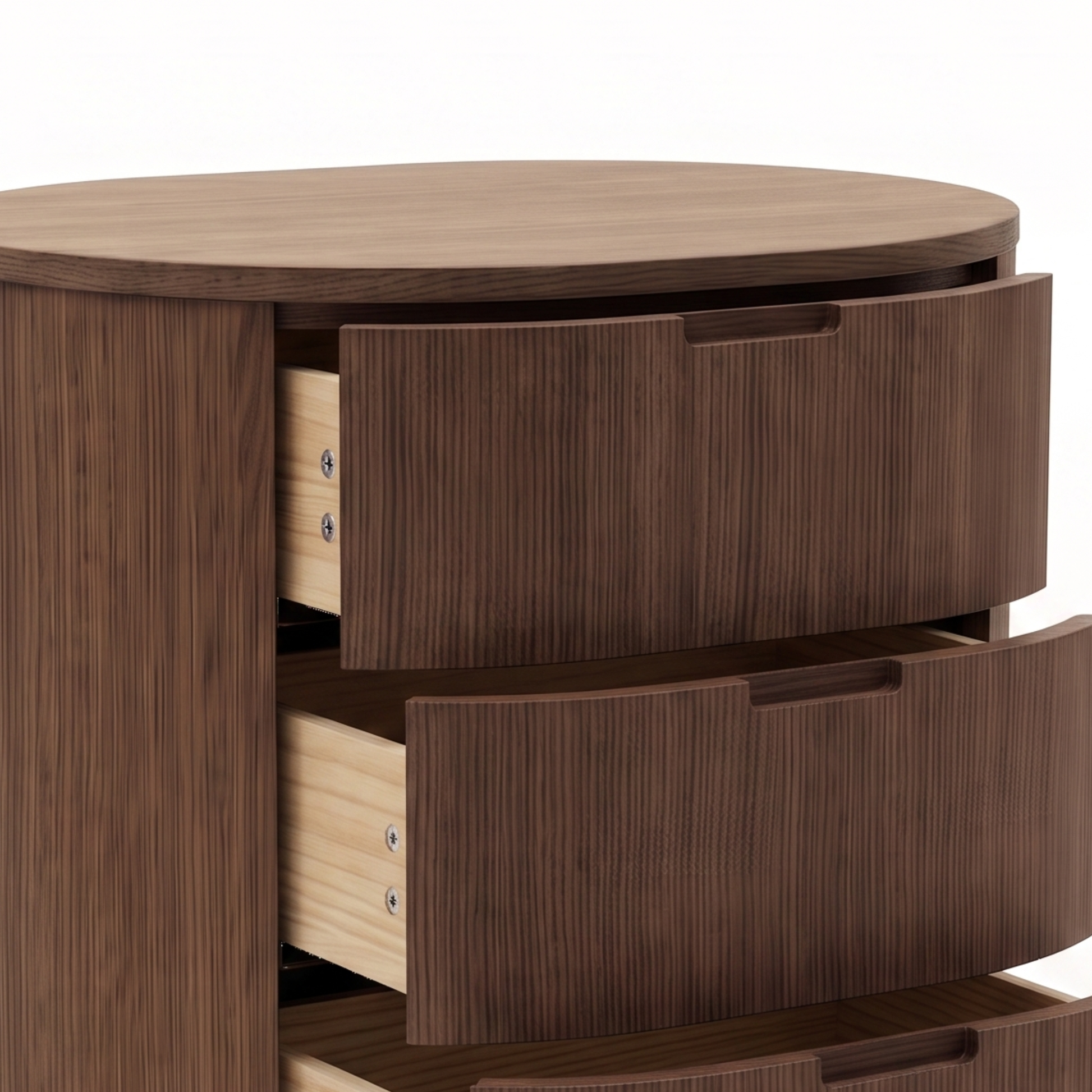 Partial view of a wooden nightstand with open drawers on a white background