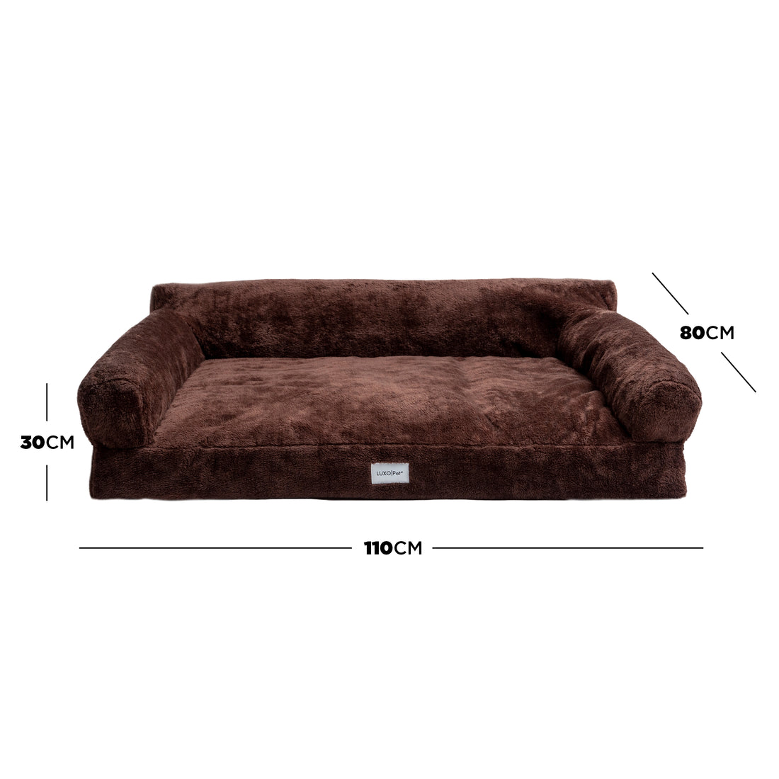 Brown bolster dog bed with dimensions marked on white background