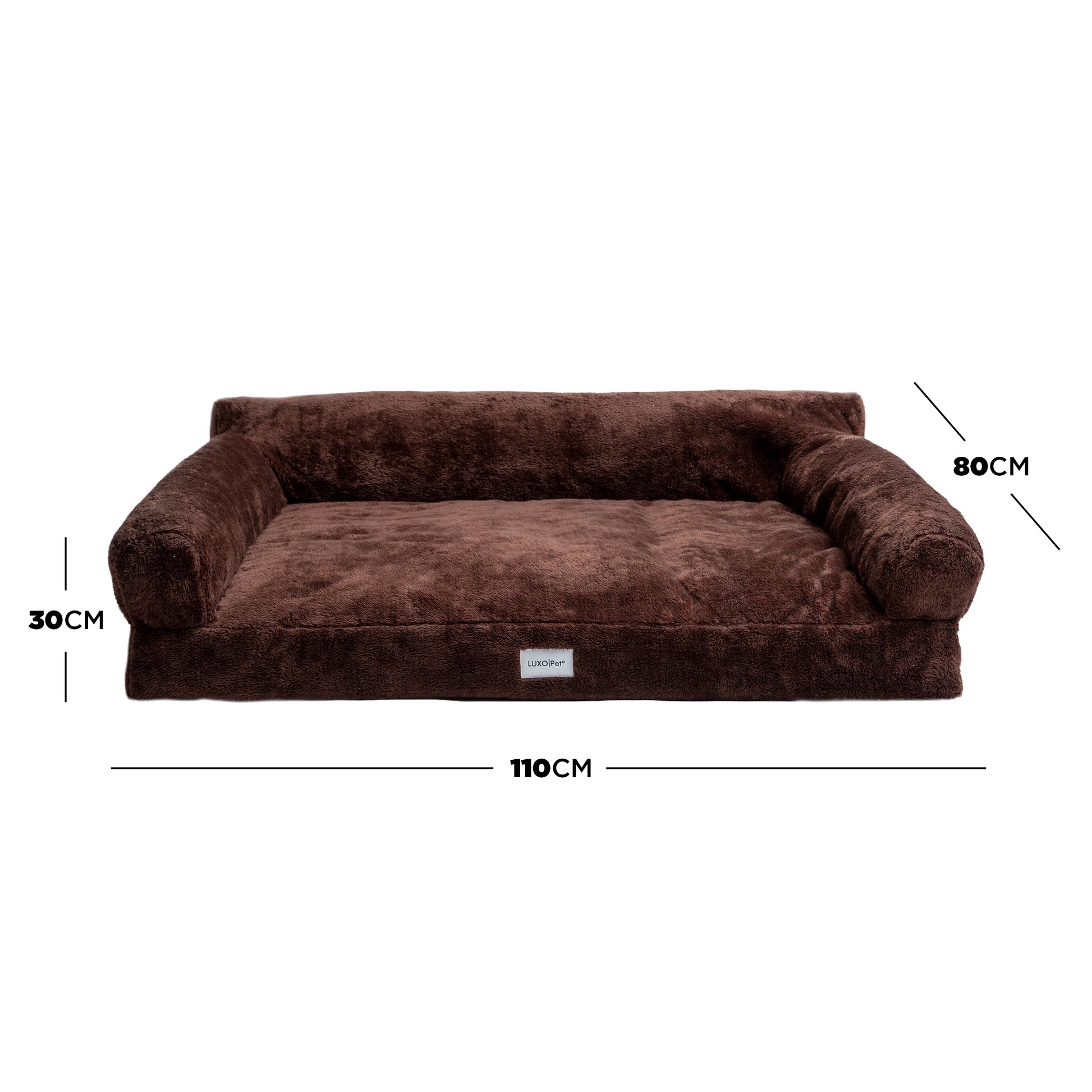 Brown bolster dog bed with dimensions marked on white background