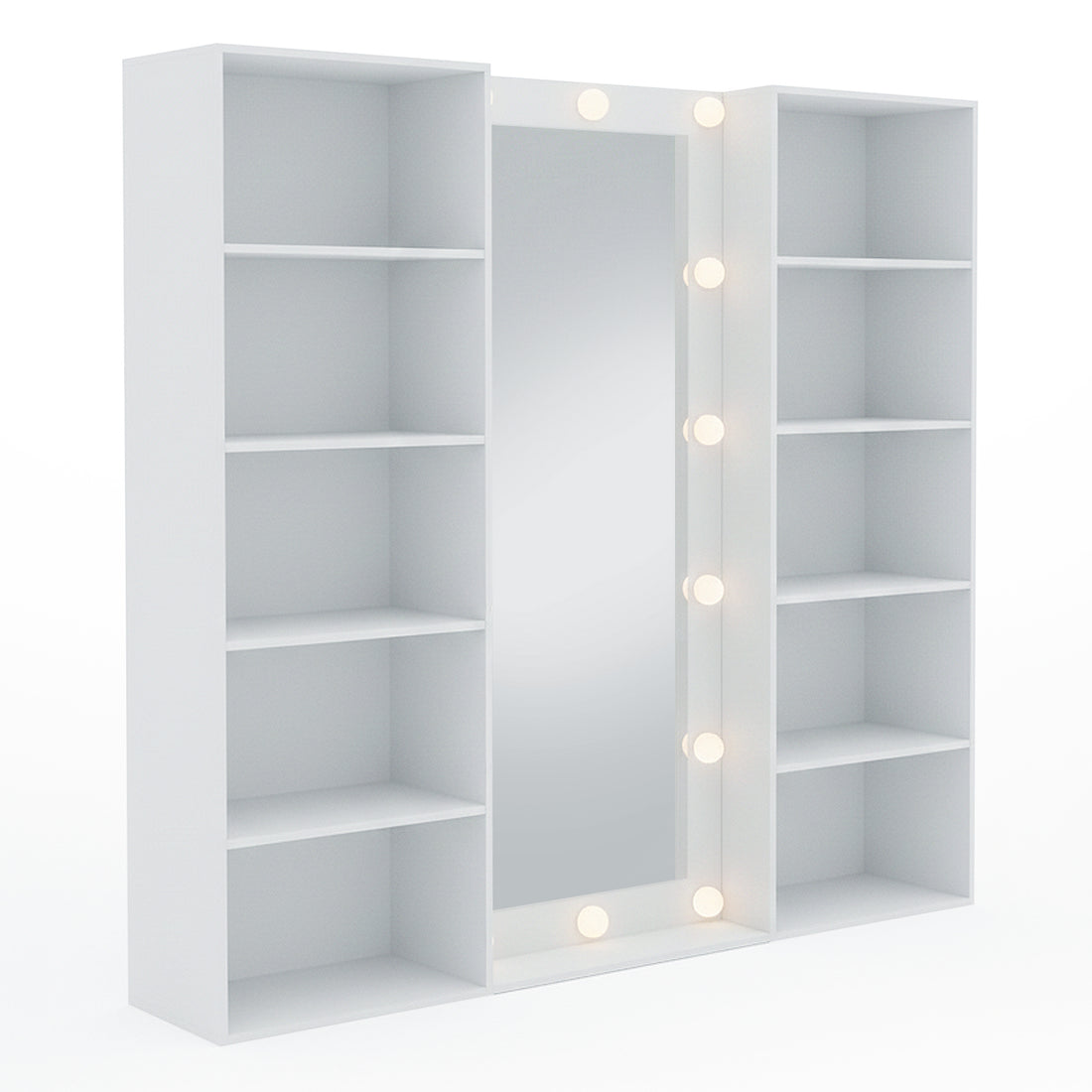 Modern vanity with light bulbs around mirror and side shelving