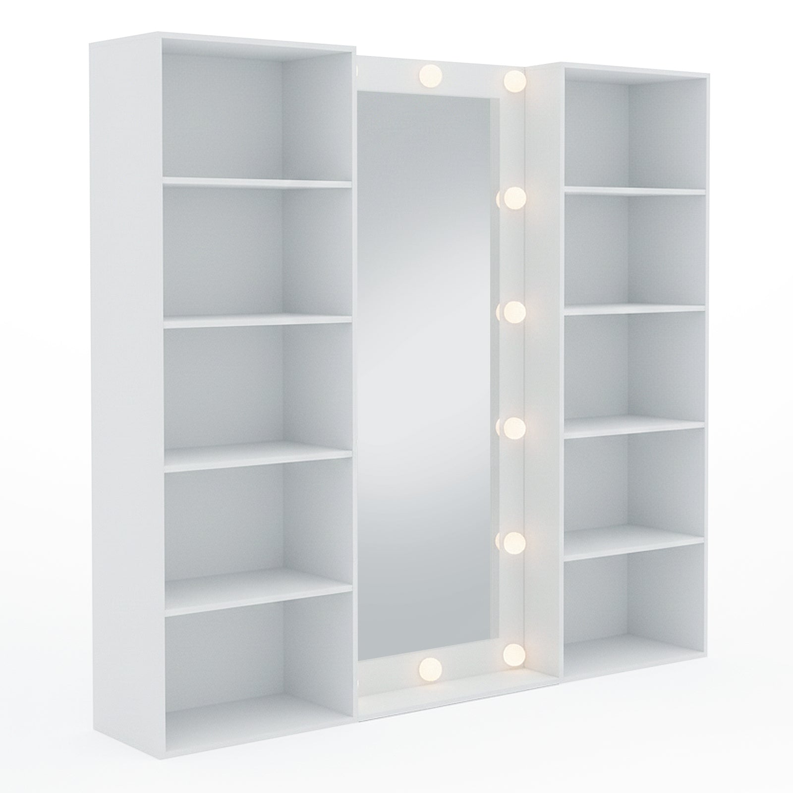 Modern vanity with light bulbs around mirror and side shelving