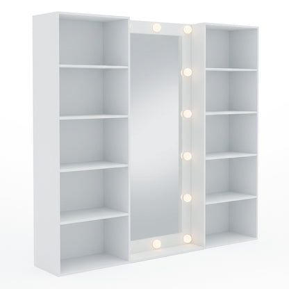 Modern vanity with light bulbs around mirror and side shelving