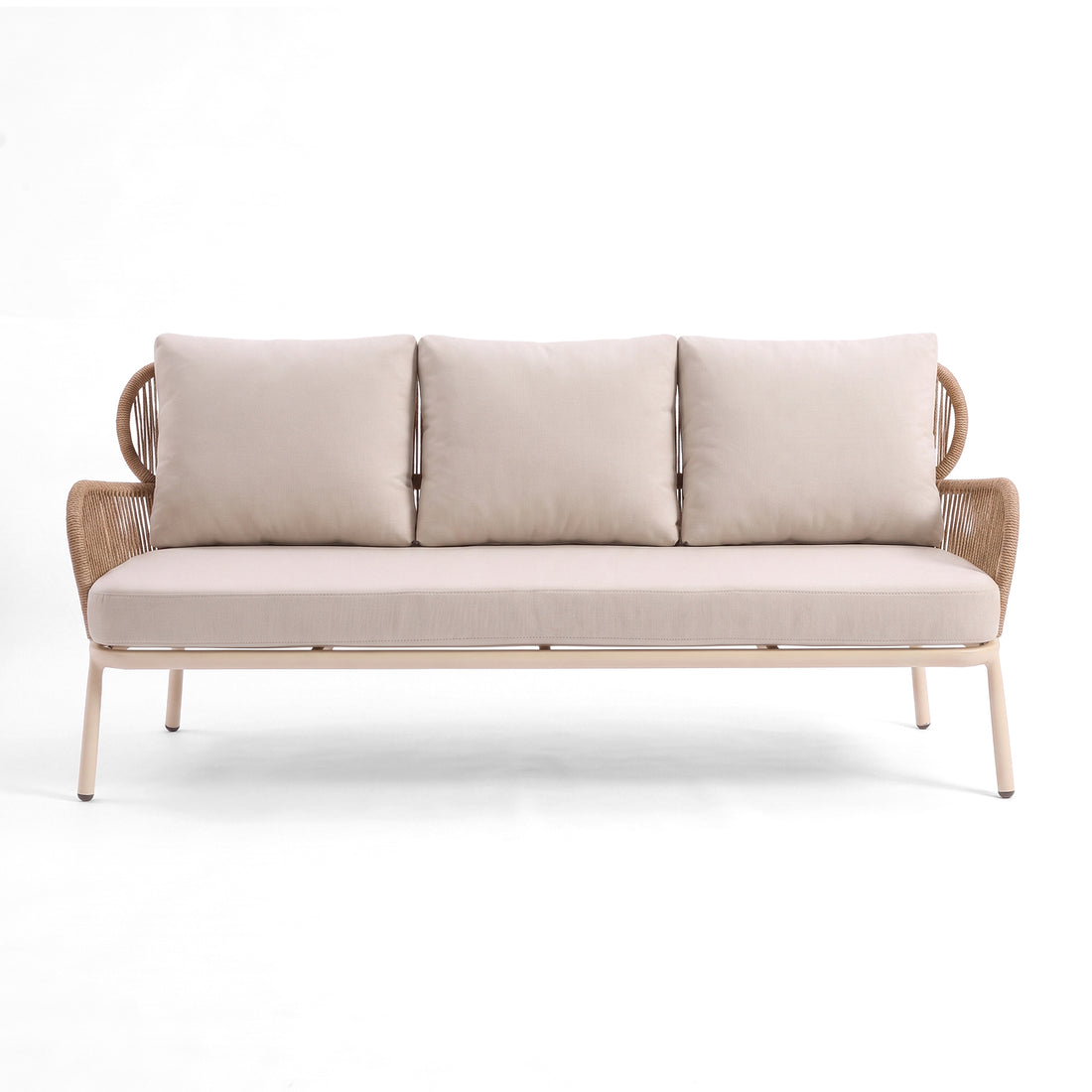 Modern three-seat sofa with woven rattan-style arms on a white background