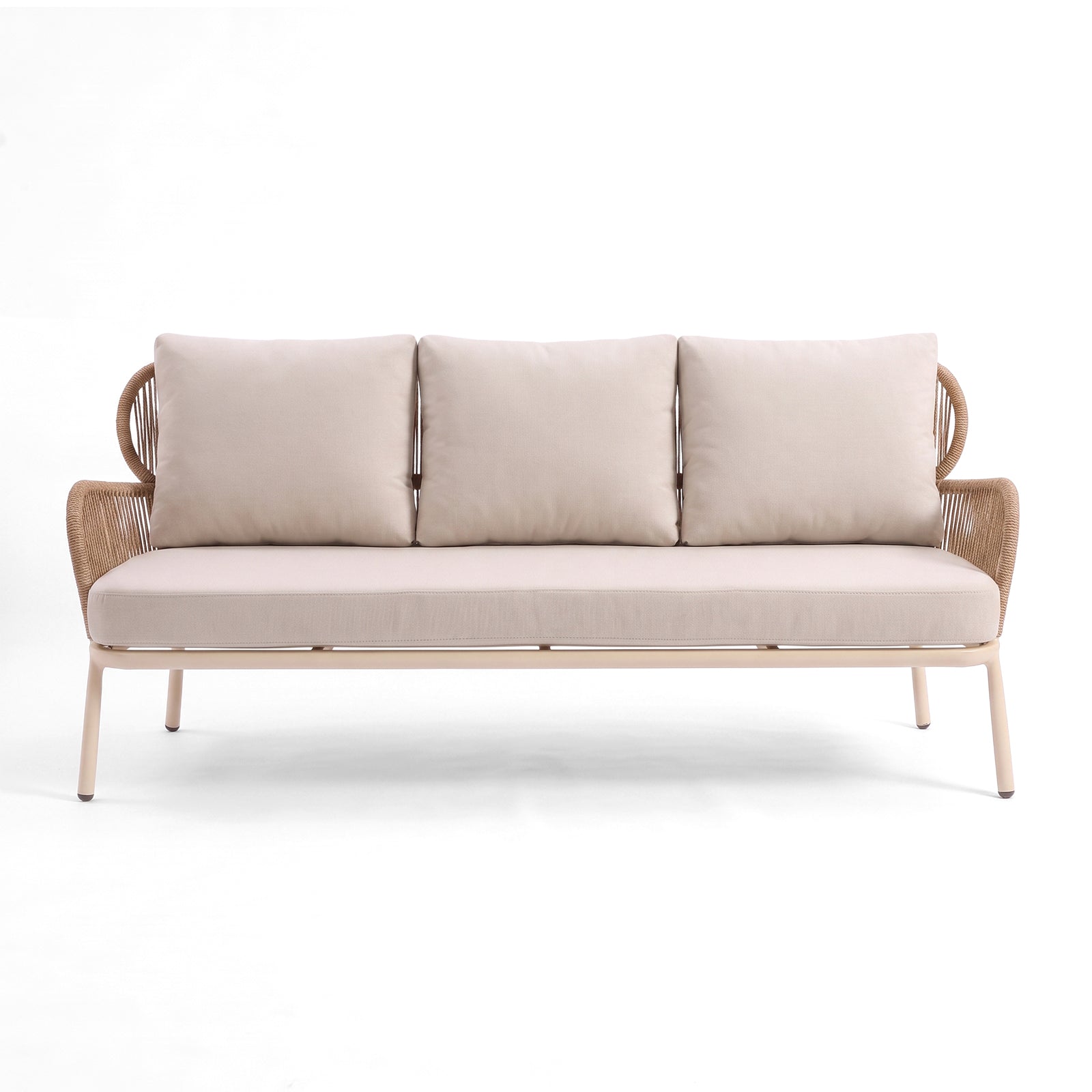 Modern three-seat sofa with woven rattan-style arms on a white background