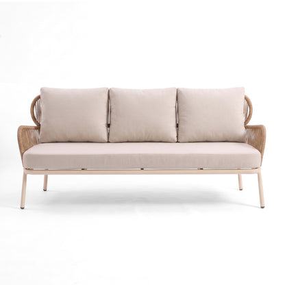 Modern three-seat sofa with woven rattan-style arms on a white background