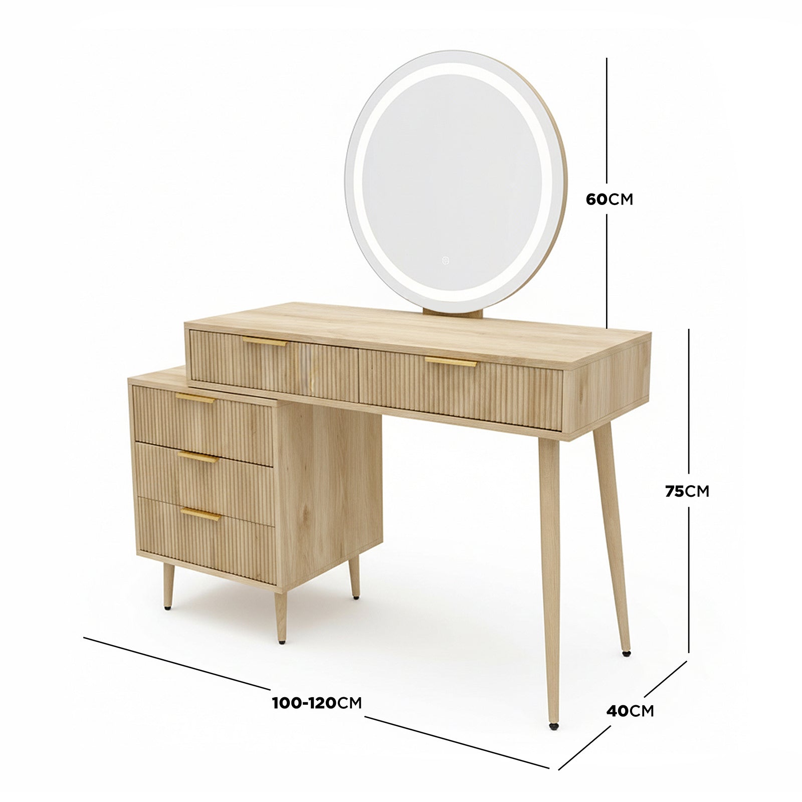 Serenity Dressing Table with Touch Screen Mirror in Natural, featuring a light-wood finish, fluted-front drawers, gold-tone handles, LED circular mirror, tapered legs, and ample storage with five drawers.