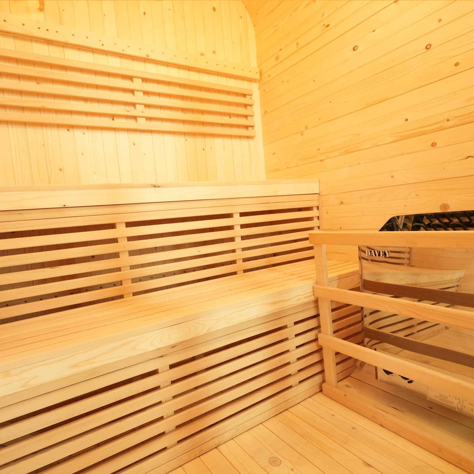 Waru 3 Person Traditional Finnish Outdoor Sauna in Natural, showcasing tiered wooden benches and a corner heater, all set within light-colored wood planking, epitomizing a cozy Finnish retreat.