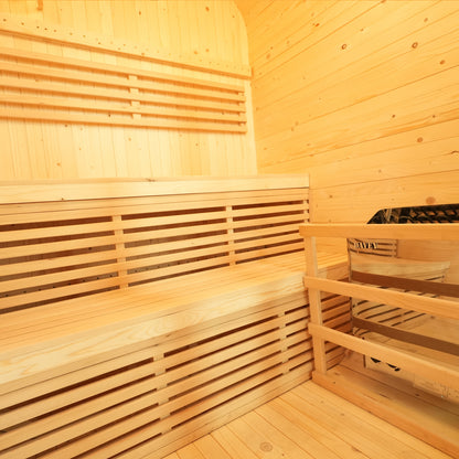 Waru 3 Person Traditional Finnish Outdoor Sauna in Natural, showcasing tiered wooden benches and a corner heater, all set within light-colored wood planking, epitomizing a cozy Finnish retreat.