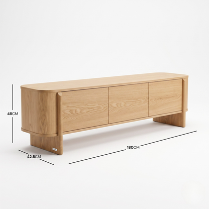 Light wood sideboard on white background with dimension lines showing 48cm height, 180cm width, and 42.5cm depth